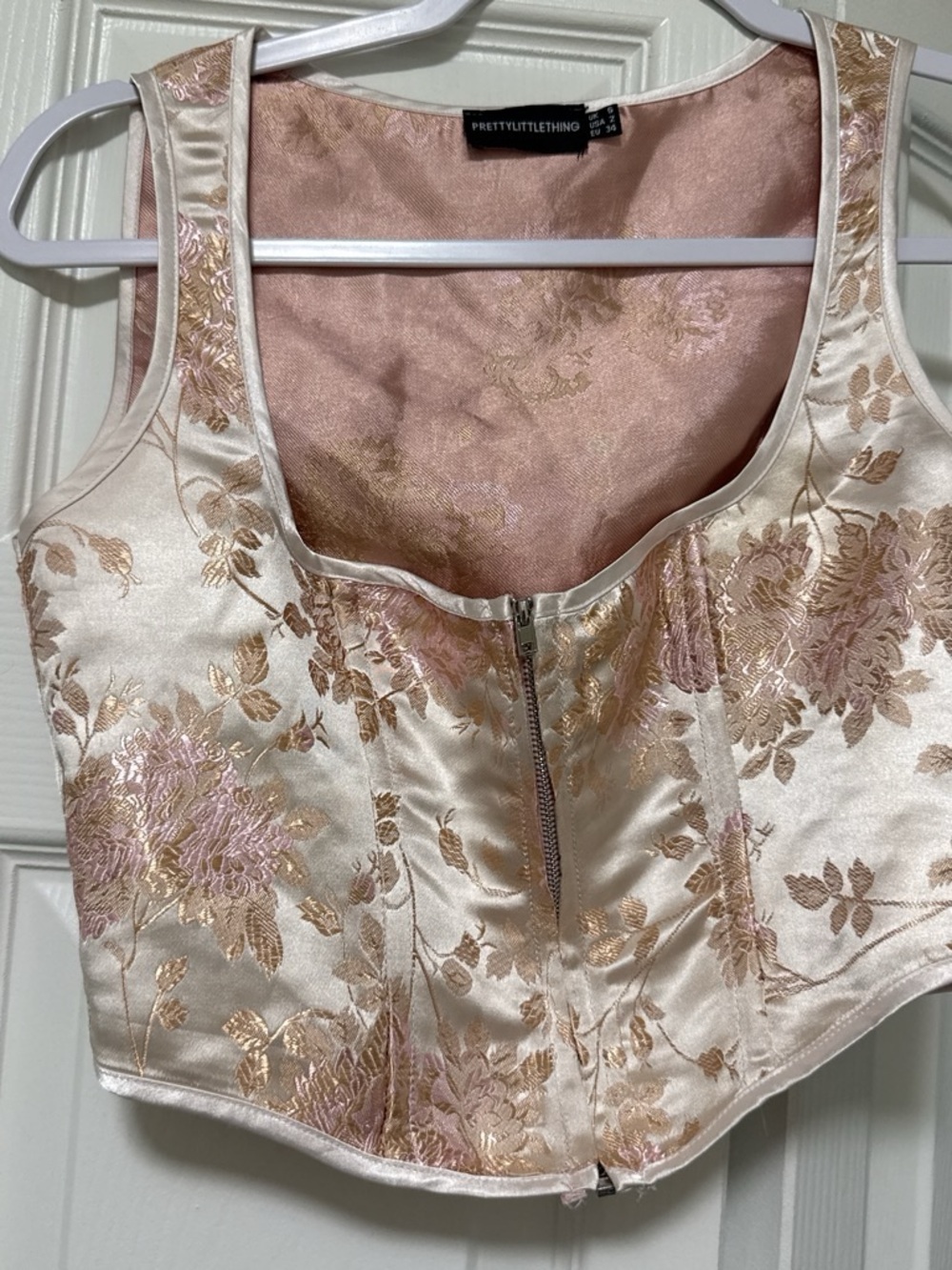 PrettyLittleThing Satin Floral Corset Top in Champagne and Pink